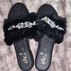 Rue21 Black Fur Slippers with Crystal Accents